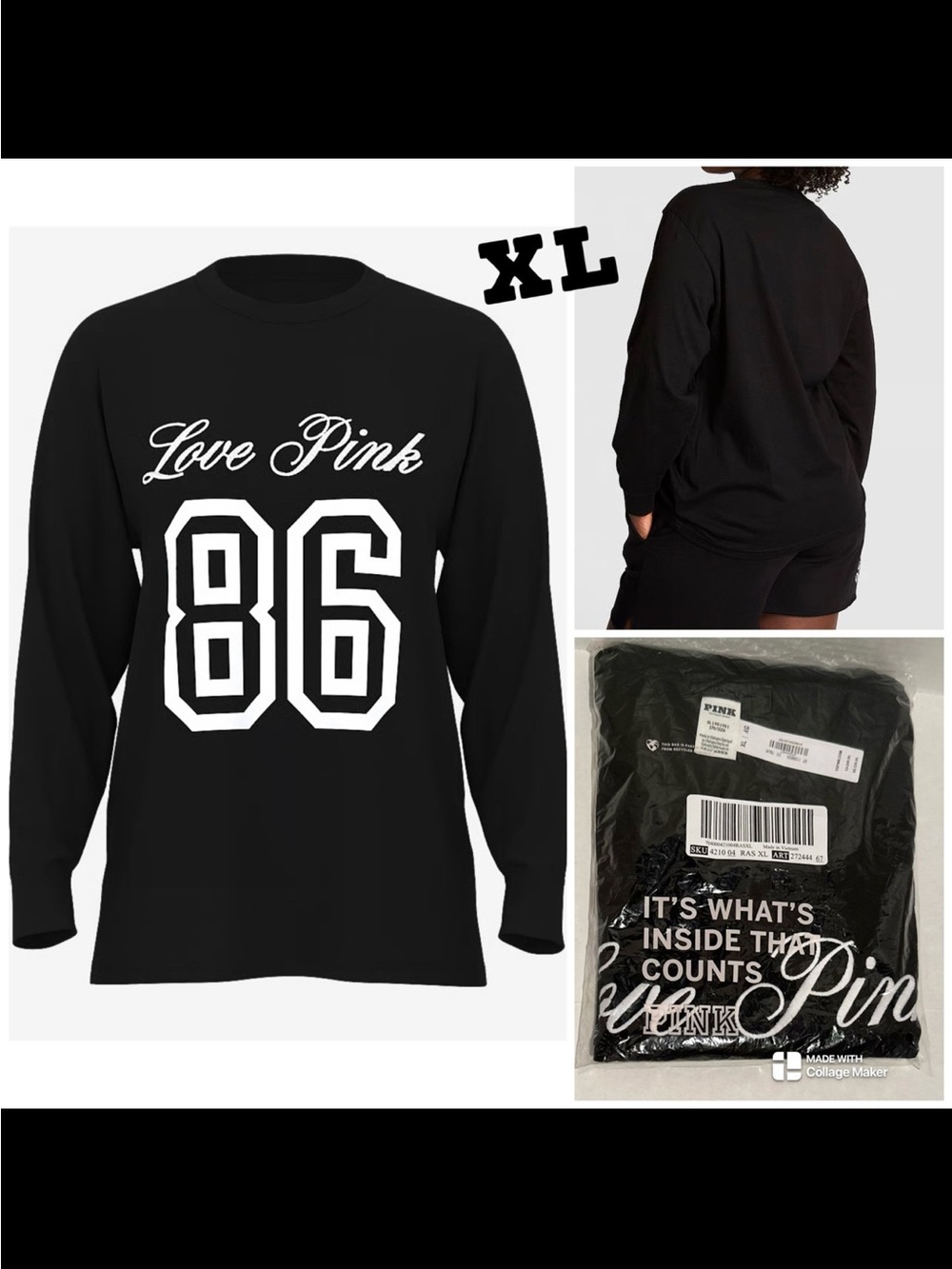 VS PINK NWT Pure Black Campus Cotton Long-Sleeve Tee